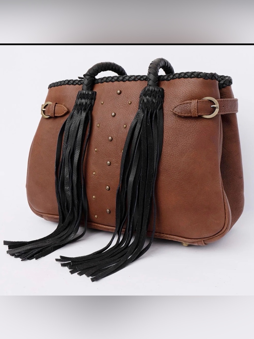 Western Bag Brown Leather Fringe Tote Bag with Black Accents